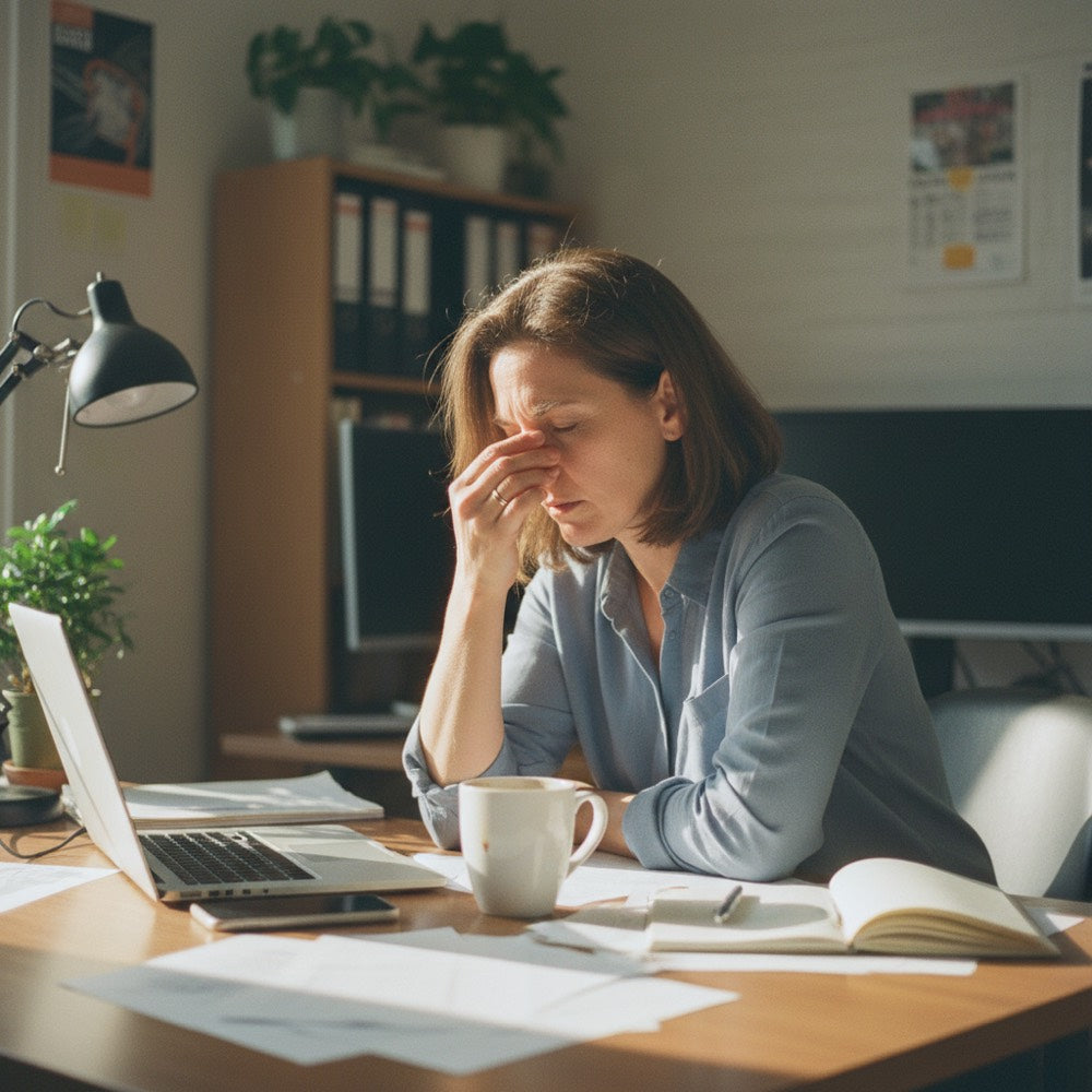 Tired at her desk in the afternoon, coffee gone cold