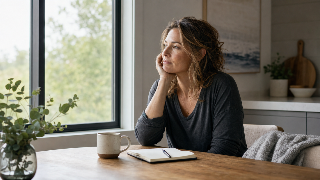 Woman in her 40s sitting by a morning window with coffee, reflecting on perimenopause fatigue and low energy
