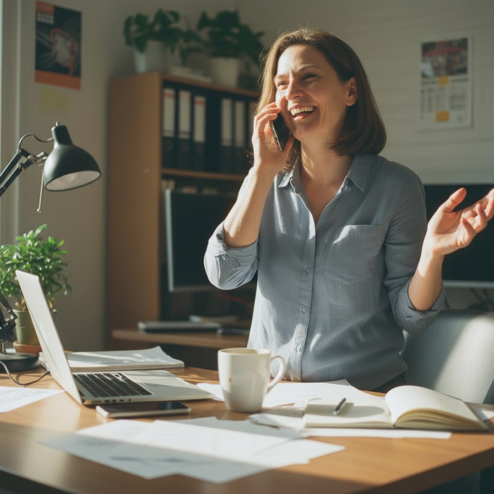 A woman in her late forties laughing on the phone at her sunlit desk, full of energy.