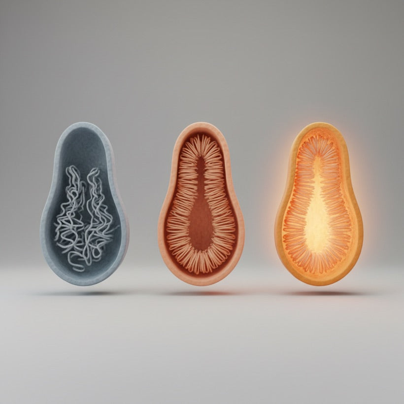 A worn, degraded mitochondrion beside a renewed one — the cellular change Urolithin A supports.