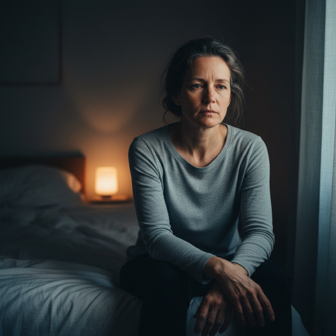 A woman in her late forties sitting on the edge of her bed at dawn, just woken, hollowed out with exhaustion.