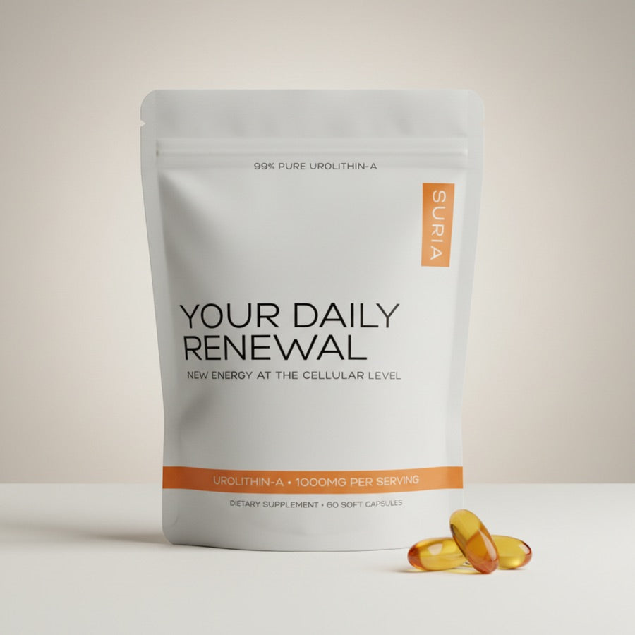 Suria Daily Renewal — pouch of 60 capsules, 1000mg Urolithin A per serving.