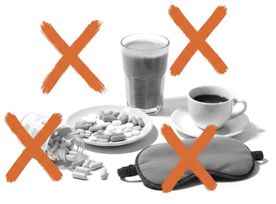 Pills, greens drink, coffee and sleep mask crossed out — none of these fixed it