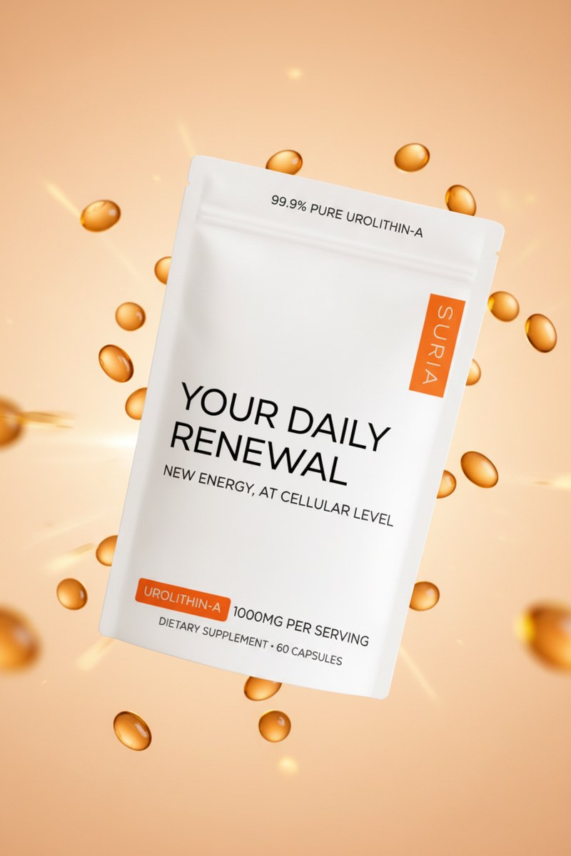 SURIA Daily Renewal — Urolithin A softgels around the pouch