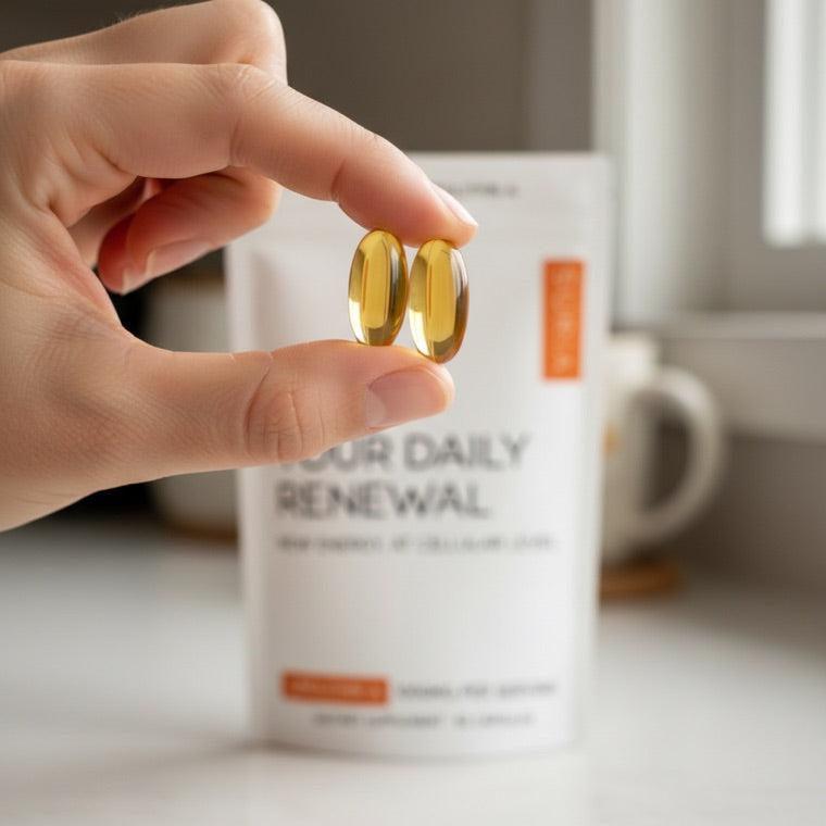 Two amber SURIA capsules held up, with the Your Daily Renewal pouch behind
